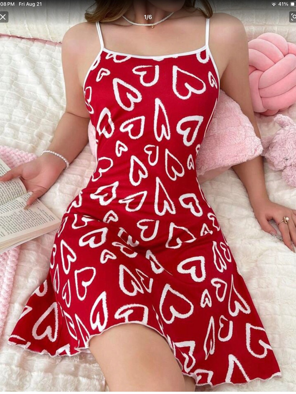 Red Heart Print Slip Dress - Women Intimates & Sleepwear